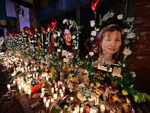 A makeshift memorial for victims of a mass shooting in front of the Star Ballroom Dance Studio in Monterey Park, California, on January 26, 2023. In the back-to-back mass shootings in northern and southern California in a week, 18 people were killed. A research found that many US gun owners take little or no precautions to prevent children from having access to a gun.