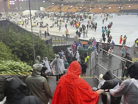 Fans leave Mt Smart Stadium in Auckland, New Zealand, on January 27, 2023, where about 40,000 people were expected to attend an Elton John concert.