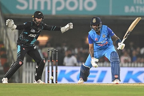 India's Suryakumar Yadav watches the ball after playing a shot during the first Twenty20 international against New Zealand in Ranchi. The second match is to be played in Lucknow tomorrow.