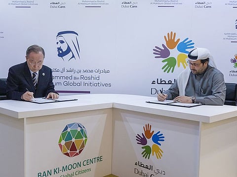 Ban Ki-Moon, the eighth Secretary-General of the United Nations and Co-Chair of the Ban Ki-Moon Centre for Global Citizens, and Dr. Tariq Al Gurg, Chief Executive Officer and Vice-Chairman of Dubai Cares, signing the Memorandum of Understanding in Dubai to promote education transformation for climate action.