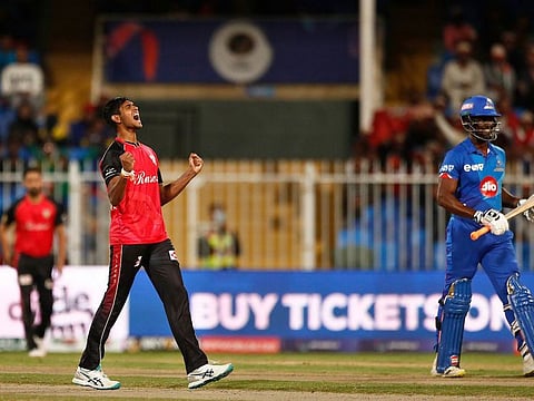 Desert Vipers celebrating one of the rare moments during the drubbing at the hands of MI Emirates at Sharjah Stadium on Sunday.
