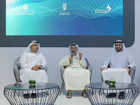 (from left) Dr Rashid Al Suwaidi, Executive Director of Healthcare Workforce Planning Sector at DoH - Abu Dhabi; Dr Ali Al Obaidli, Chairman of UAE National Transplant Committee; and Dr Marwan Al Kaabi, Chief Critical Resources Officer, Pure Health, during the press conference by the Ministry of Health and Prevention at Arab Health at Dubai World Trade Centre on Monday