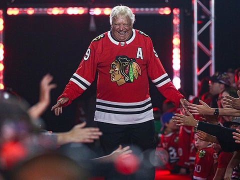 Former Chicago Blackhawks player Bobby Hull is introduced to fans during the NHL hockey team's convention in Chicago, July 26, 2019.