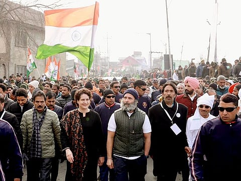 Congress leader Rahul Gandhi with his sister and party's general secretary Priyanka Gandhi Vadra during the Bharat Jodo Yatra, in Srinagar on January 29, 2023. Party leaders KC Venugopal and Adhir Ranjan Chowdhury are also seen. “The Yatra has helped the Congress party consolidate its core voters, which is important because the party risked losing even its base.”