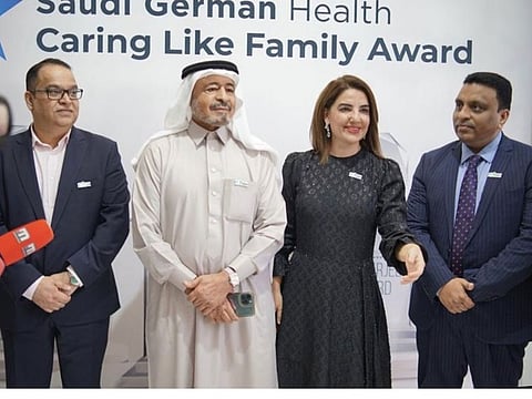 (from left) Abid Hussain Shah, Group Chief Information Officer; Sobhi Batterjee, Chairman and Founder of SGH; Dr Reem Osman, Regional CEO; Dr Amir Rizwan, UAE Group QPS Director. during the launch of the Caring Like Family Award at Arab Health in Dubai on Monday