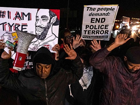 Protesters block traffic as they rally against the fatal police assault of Tyre Nichols in Memphis.
