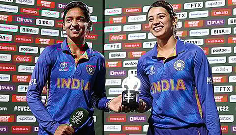 Indian women's cricket team captain Harmanpreet Kaur (left) with Renuka Singh.