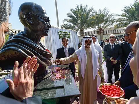 Sheikh Nahyan bin Mubarak Al Nahyan, Minister of Tolerance and Coexistence unveils the bust of Gandhi at the Consulate General of India in Dubai on Tuesday. Sunjay Sudhir, Indian Ambassador to UAE and Consul General Dr Aman Puri are also present along with other dignitaries.