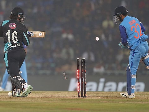New Zealand's Finn Allen gets bowled by India's Yuzvendra Chahal during the 2nd T20I match at Shri Atal Bihari Vajpayee Ekana Cricket Stadium, in Lucknow on Sunday.