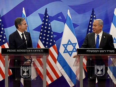US Secretary of State Antony Blinken and Israeli Prime Minister Benjamin Netanyahu make statements to the media after their meeting at the Prime Minister's Office in Jerusalem, on Monday, January 30, 2023.