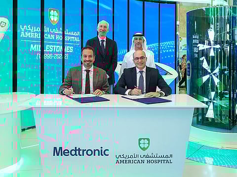 Sherif Beshara (right), CEO of American Hospital Dubai, and Majid Kaddoumi, Senior Vice President and President, Central and Eastern Europe, Middle East, Africa, and Russia of Medtronic, signed the memorandum of understanding