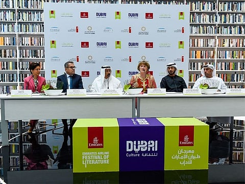From left, Nadia Verjee, Executive Director, Expo City Dubai,  Boutros Boutros, Divisional Senior Vice President, Corporate Communications, Marketing and Brand, Emirates Group, Mohammed Ahmed Al Murr, chairman of the Board of Directors at the Mohammed bin Rashid Al Maktoum Library Foundation, Isabel Abulhoul, CEO and trustee, Emirates Literature Foundation, Dr Saeed Mubarak bin Kharbash, CEO of Arts and Literature at Dubai Culture and Arts Authority and Salem Humaid Al Marri, director general of MBRSC at a press conference to announce the opening of the Emirates Literature Festival 2023 in Dubai on Wednesday.