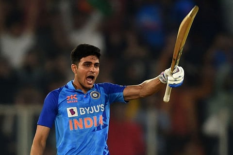India's Shubman Gill celebrates after scoring his century during the third Twenty20 international against New Zealand in Ahmedabad on Wednesday.