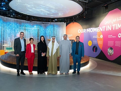 (Third from right) Sheikh Nahayan Mabarak Al Nahayan, UAE Minister of Tolerance and Coexistence and Commissioner General of Expo 2020 Dubai; and (third from left) Reem Al Hashimy, Minister of State for International Cooperation, during the unveiling of the Expo City Dubai’s three Stories of Nations exhibitions.