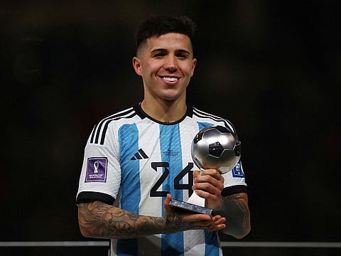 Argentina's Enzo Fernandez poses with his Best Young Player at the 2022 Qatar World Cup. The midfielder has joined Chelsea for a British record £107 million deal from Benfica.