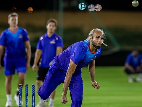 Imran Tahir bowls at the nets as MI Emirates prepare for their next game against Abu Dhabi Knight Riders in Abu Dhabi.