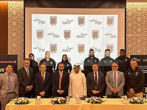 Saud Al Nuaimi, Member of the Board of Directors and the Chairman of the Marketing and Investment Committee of the Rugby Federation, Mohamed Omar Nasser, Executive Director of Adam Vital Hospital, and other members of higher management from both sides during the signing ceremony at the Grand Mercure Hotel – Dubai