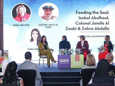 ‘Feeding the Soul’ a cookbook comprising of recipes of Dubai jail inmates, was released on Friday at the Emirates Airlines Literature Festival session. Session was attended by (From right) Chef Zahra Abdalla, Colonel Jamila Al Zaabi and Isobel Abulhoul.