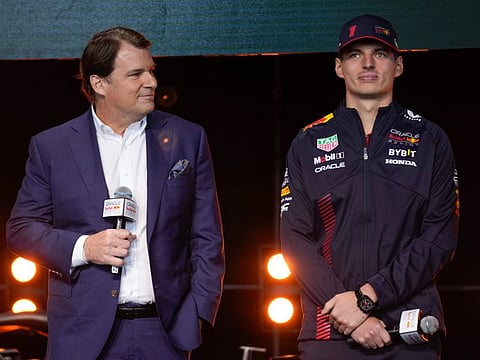 Ford CEO Jim Farley (left) and Red Bull Racing driver Max Verstappen participate in an Oracle Red Bull Racing event in New York on Friday. Ford will return to Formula One as the engine provider for Red Bull Racing in a partnership that begins with immediate technical support this season and engines in 2026.
