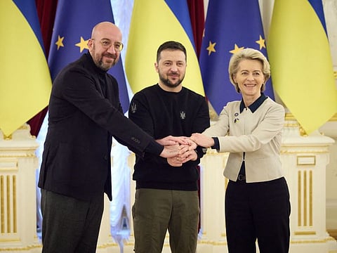 European Council President Charles Michel (left), Ukrainian President Volodymyr Zelensky, European Commission President Ursula von der Leyen during an EU-Ukraine summit in Kyiv on February 3.