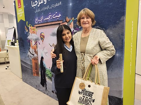 Eco-entrepreneur Himakshi Shastri, left, with Isobel Abulhoul, CEO and Trustee of the Emirates Literature Foundation, at the ongoing Emirates Airline Literature Festival in Dubai.