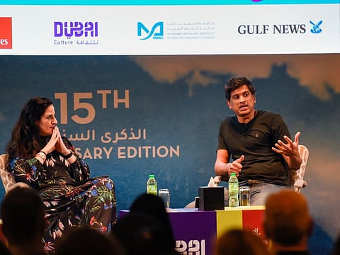 Dr Rangan Chatterjee during a session "Happy Mind, Happy Life-10 Simple Ways to Feel Great Every Day" with moderator Sally Mousa (left) at Emirates Airline Festival of Literature on Sunday.