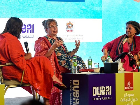(From right) Geetanjali Shree, Daisy Rockwell and moderator Barkha Dutt during a session on "Tomb of Sand" at the Emirates Airline Festival of Literature on Sunday.