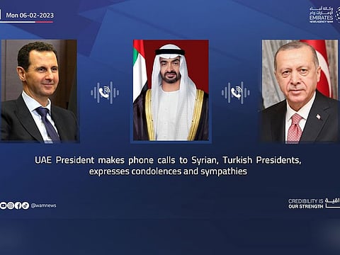 President His Highness Sheikh Mohamed bin Zayed Al Nahyan (centre) called President Recep Tayyip Erdogan of Turkey (right) and President Bashar Al Assad of Syria (left)