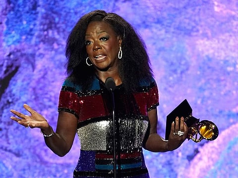 Viola Davis accepts the award for best audio book, narration, and storytelling recording for "Finding Me: A Memoir" at the 65th annual Grammy Awards on Sunday, Feb. 5, 2023, in Los Angeles.