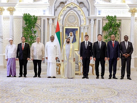 His Highness Sheikh Mohammed bin Rashid Al Maktoum (centre), Vice President and Prime Minister of the UAE and Ruler of Dubai, with the new ambassadors at Qasr Al Watan in Abu Dhabi