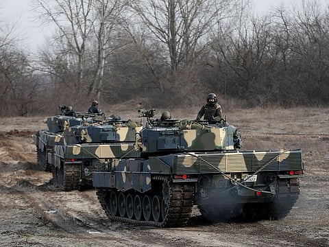 Leopard 2A4 tanks take part in a military training near Tata, Hungary.