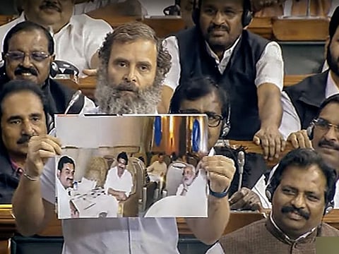 Congress MP Rahul Gandhi speaks in the Lok Sabha at the Motion of Thanks on the President's address during the Budget Session of Parliament, in New Delhi on Tuesday.