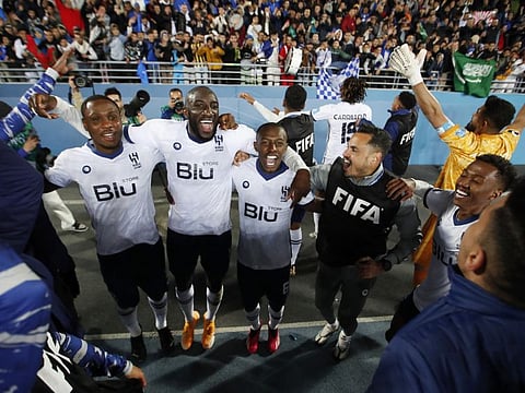 Al Hilal players celebrate after beating Flamengo 3-2 in the semi-final of the Club World Cup at the Grand Stade de Tanger, Tangier, Morocco.