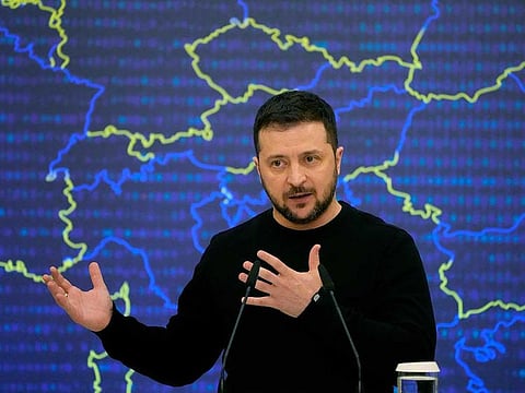 Ukrainian President Volodymyr Zelensky addresses a media conference after the EU-Ukraine summit in Kyiv, Ukraine, Friday, Feb. 3, 2023.