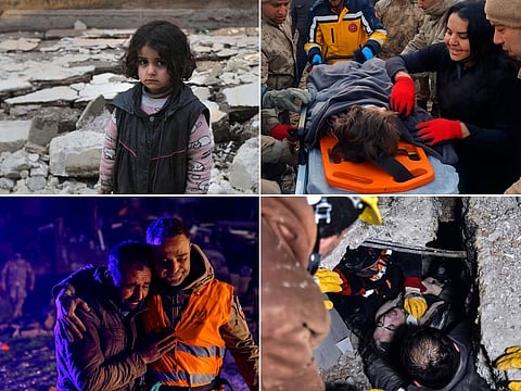 Clockwise from left: A Syrian girl stands amidst debris; Turkish army commandos rescue Kübra, a ten-year-old girl, from under the rubble; Emergency workers and medics rescue a woman; Volunteers share an emotional moment.
