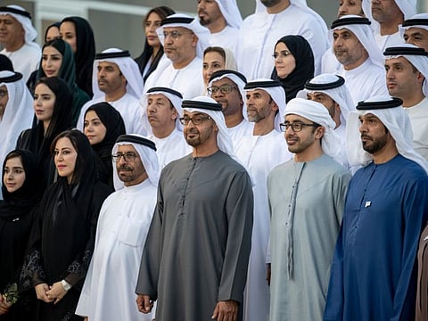President His Highness Sheikh Mohamed bin Zayed Al Nahyan (centre front) with UAE ambassadors and representatives of the country's diplomatic missions participating in the 17th Forum of the Ministry of Foreign Affairs, during a Sea Palace barza. Seen with Sheikh Abdullah bin Zayed Al Nahyan, Minister of Foreign Affairs and International Cooperation