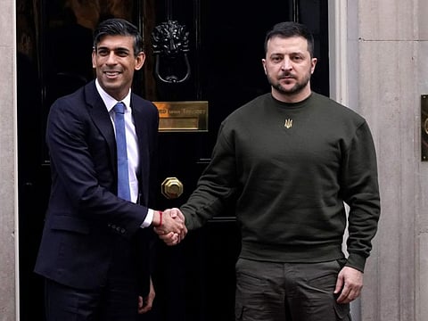 Britain's Prime Minister Rishi Sunak, left, welcomes Ukraine's President Volodymyr Zelensky at Downing Street in London, Wednesday, Feb. 8, 2023.