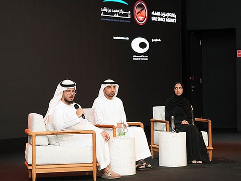(Form left) Mohsen Al Awadhi, Director of Space Missions Department, UAE Space Agency, Zakaria Al Shamsi, Project Director of Emirates Mars Mission, Hessa Al Matroushi, Science Lead, Emirates Mars Mission, at a press conference at Museum of the Future in Dubai on 9th February, 2023.