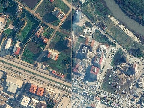 Satellite images show buildings before an earthquake, December 22, 2022 and collapsed and smoking buildings after, February 8, 2023, in Antakya, Turkey.
