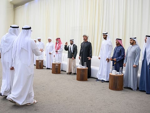 (R-L) Sheikh Hazza bin Zayed Al Nahyan, Vice Chairman of the Abu Dhabi Executive Council; Sheikh Hamdan bin Zayed Al Nahyan, Ruler’s Representative in Al Dhafra Region; Sheikh Suroor bin Mohamed Al Nahyan; Sheikh Shakhbut bin Nahyan bin Mubarak Al Nahyan, UAE Minister of State; His Highness Sheikh Mohamed bin Zayed Al Nahyan, President of the United Arab Emirates; Sheikh Tahnoon bin Mohamed Al Nahyan, Ruler's Representative in Al Ain Region; Sheikh Khalifa bin Hamdan bin Mohamed Al Nahyan; Sheikh Sultan bin Hamdan bin Mohamed Al Nahyan, Adviser to the UAE President and Chairman of the Camel Racing Federation and Rear Admiral Pilot Sheikh Saeed bin Hamdan bin Mohamed Al Nahyan, Commander of the UAE Naval Forces, receive mourners during condolences on the passing of Sheikha Maryam bint Abdullah Al Falasi, at Mushrif Palace.