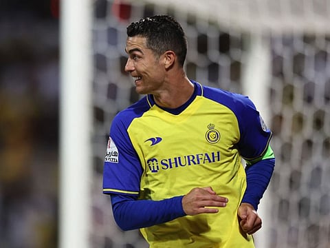 Cristiano Ronaldo celebrates after scoring second of his four goals during Al Nassr's 4-0 win over Al Wehda in Saudi Pro League at the King Abdulaziz Stadium in Mecca on Thursday.