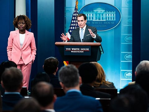 White House spokesman John Kirby speaks alongside press secretary Karine Jean-Pierre at the White House on Feb. 10, 2023, in Washington, D.C