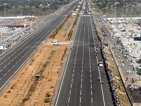 Prime Minister Narendra Modi (unseen) dedicates to the nation the Delhi-Dausa-Lalsot section of Delhi Mumbai Expressway, in Dausa on Sunday, Feb 12, 2023.
