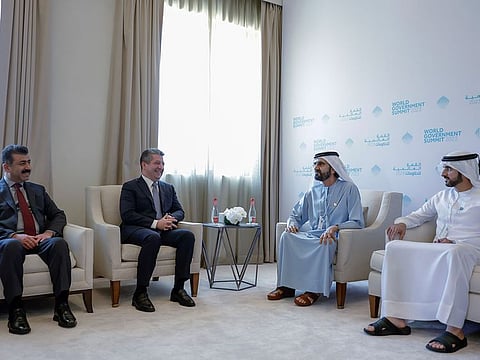 His Highness Sheikh Mohammed bin Rashid Al Maktoum, Vice-President and Prime Minister of the UAE and Ruler of Dubai and Sheikh Hamdan bin Mohammed bin Rashid Al Maktoum, Crown Prince of Dubai and Chairman of Dubai Executive Council during their meeting with Prime Minister of Iraqi Kurdistan Regional Government.