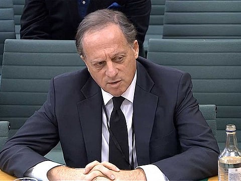 A video grab from footage broadcast by the UK Parliament's Parliamentary Recording Unit (PRU) shows BBC chairperson Richard Sharp testifying in front of a Digital, Culture, Media and Sport (DCMS) Committee in London on February 7, 2023.