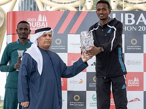Mattar Al Tayer (left), Vice Chairman of the Dubai Sports Council crowned the winners of the 2023 Dubai Marathon at Expo City Dubai.