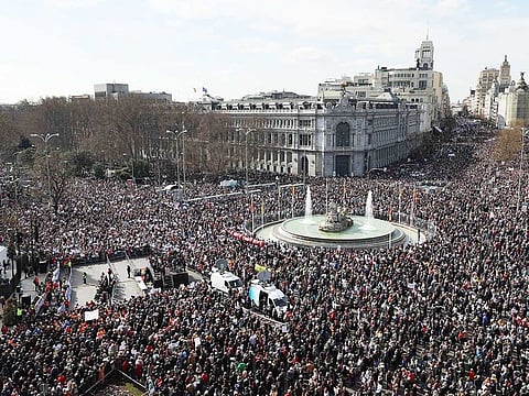 Thousands gather at Cibeles square during a demonstration in defence of the public healthcare in Madrid on February 12, 2023.