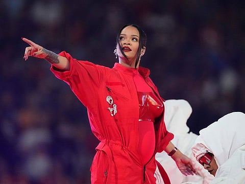 Rihanna performs during the halftime show at the NFL Super Bowl 57 football game between the Kansas City Chiefs and the Philadelphia Eagles.