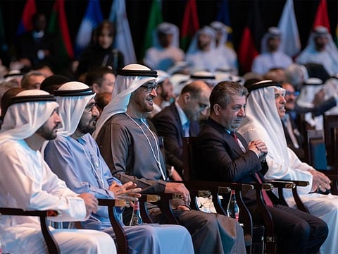 President His Highness Sheikh Mohamed bin Zayed Al Nahyan, His Highness Sheikh Mohammed bin Rashid Al Maktoum, Vice-President and Prime Minister of the UAE and Ruler of Dubai and Sheikh Hamdan Bin Mohammed Bin Rashid Al Maktoum, Crown Prince of Dubai and Chairman of The Executive Council of Dubai attend a session on Day 1 of World Government Summit.