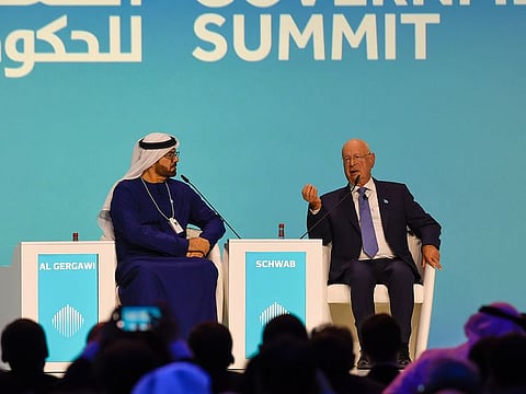 UAE Minister of Cabinet Affairs Mohammad bin Abdullah Al Gergawi with WEF founder Klaus Schwab on Day 1 of the World Government Summit in Dubai.